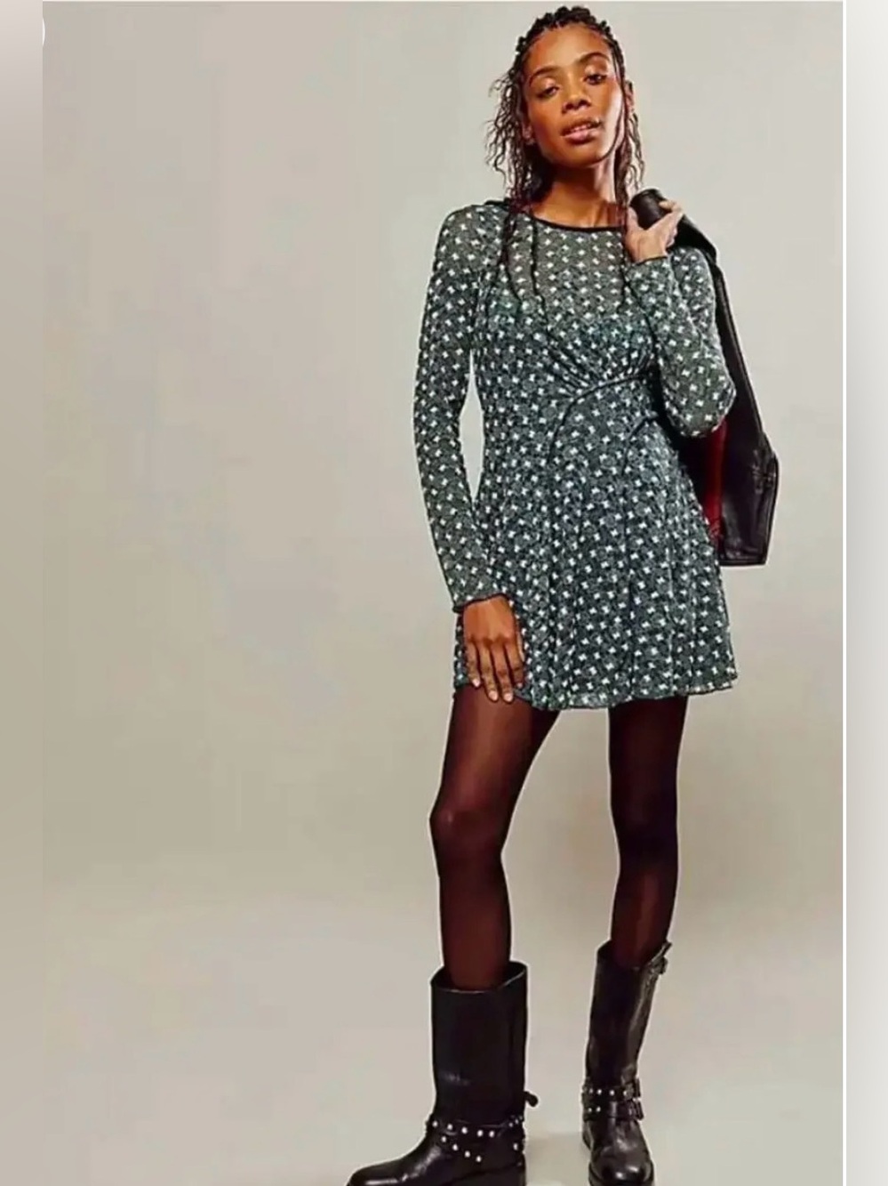 Free People Sheer Delight Mini Dress Topiary Green Lace Open Back, small